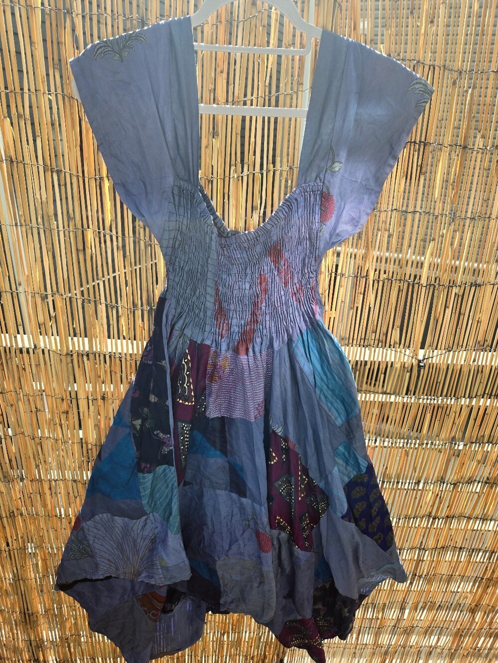 Boho Patchwork Midi Dress in Slate Blue Plus Size XXL Strechy Hippiecore